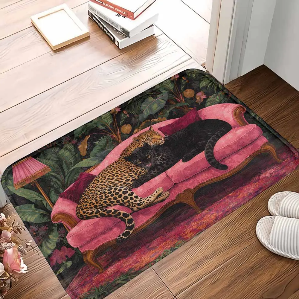 Leopard & Black Panther Print Soft Area Rug - Non-Slip, Maximalist Art Aesthetic Carpet for Bathroom, Bedroom - Preppy Decor Gift for Dorm, Apartment (Pink Sofa Jungle Print Design) summerwins, Machine Washable Rug, Animals, Anti-Slip Back