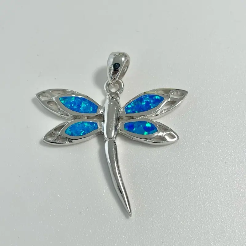 Sterling Silver 925 Blue Opal Dragonfly Pendant Charm Insect Jewelry