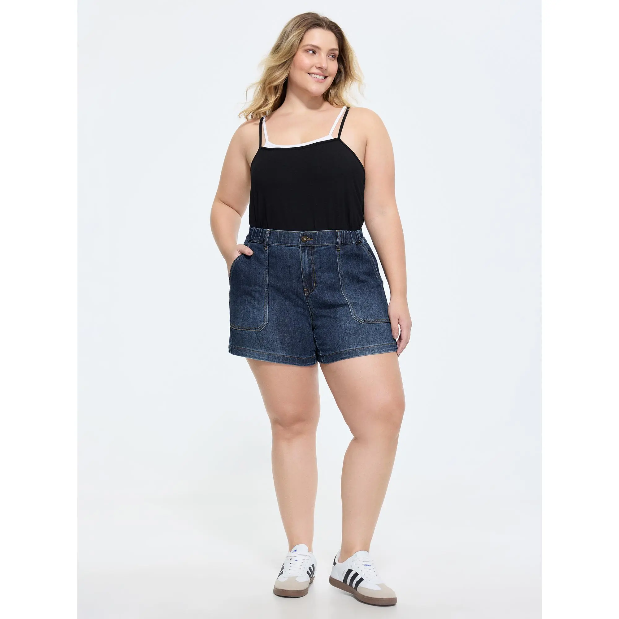 BloomChic Women's Plus Size Stretchy Denim Shorts - Cotton-Spandex-Polyester Blend, Medium Wash Solid Denim, Elastic Waistband, 5 Pockets, Casual Wear, Cold Wash, Lady Bottoms, Summer Essential