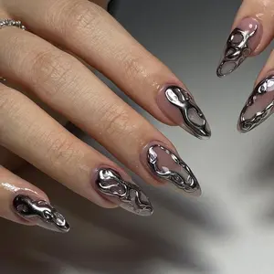 S16 Katy Nails -Chrome Melted Metal Press-On Nails, 3D Silver Liquid Chrome Art, Edgy Metallic Custom Handmade Nail Set, Rock Punk Style, Party Statement Design