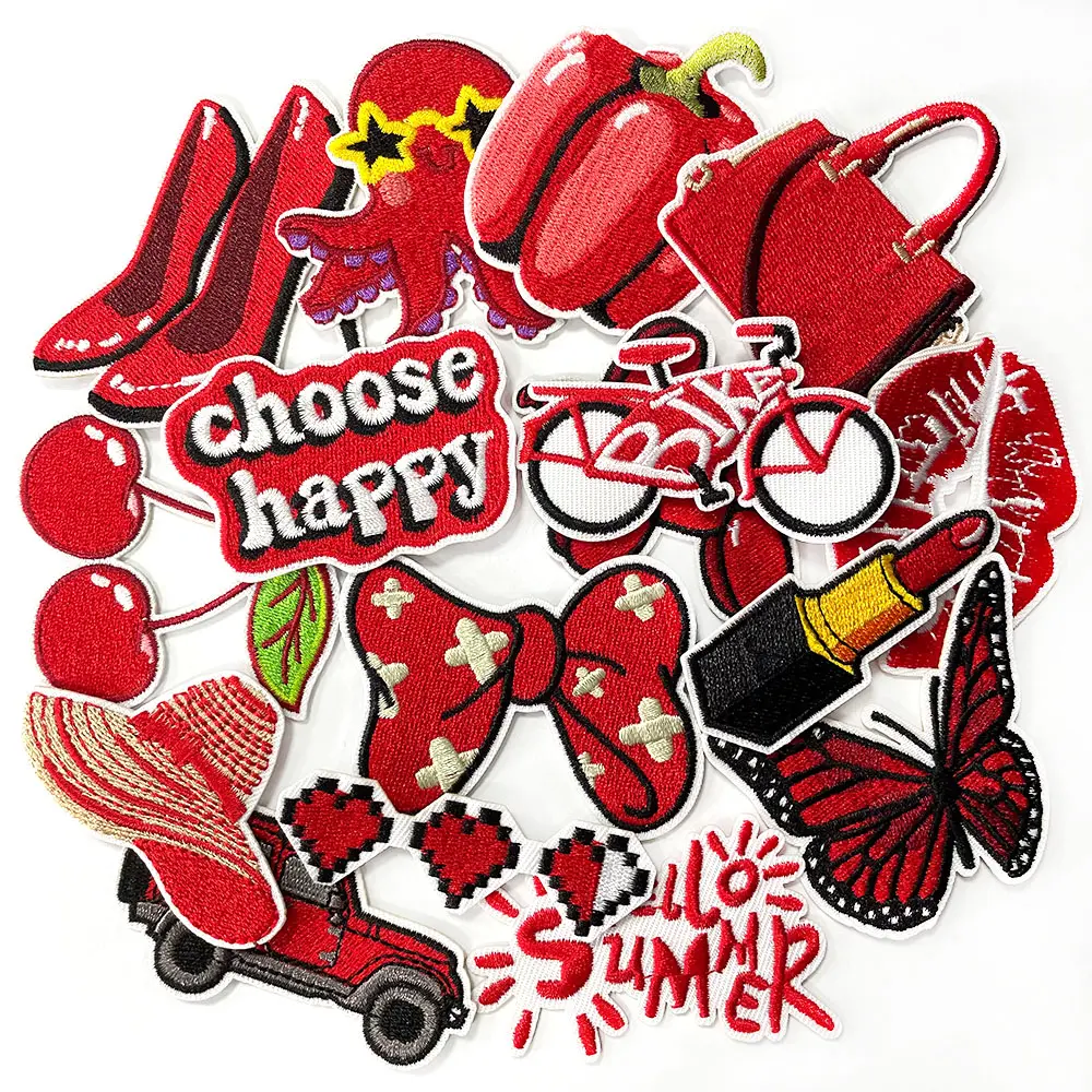 16PCS Red Iron On Embroidery Patches Fashion Decorative Sew On Cute Appliques Accessories for DIY Clothing Jackets Jeans Hats Backpacks Socks