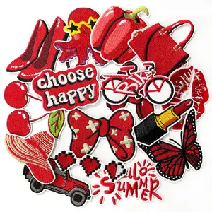 16PCS Red Iron On Embroidery Patches Fashion Decorative Sew On Cute Appliques Accessories for DIY Clothing Jackets Jeans Hats Backpacks Socks