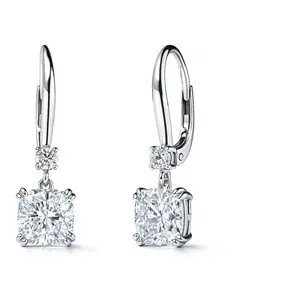 Solitaire 4ct Cushion CZ Leverback Earrings in Sterling Silver