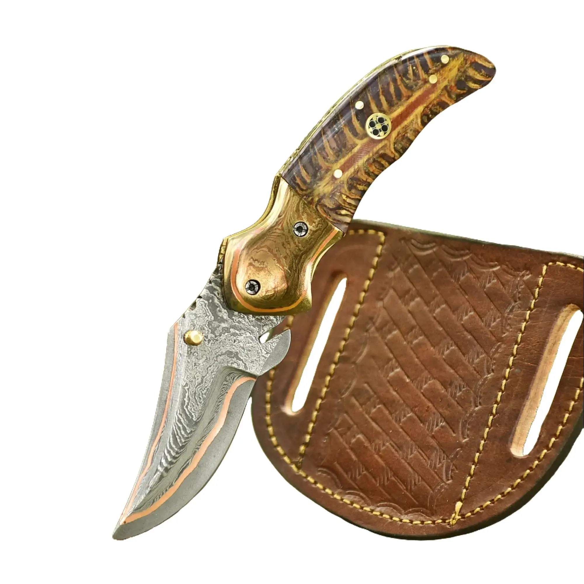 Copper Damascus Steel Folding Knife -Plated Handle Back Clip Pinecone Handle