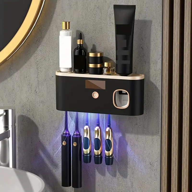 Smart toothbrush holder with toothpaste dispenser, USB-rechargeable UV toothbrush sterilizer stand, wall-mounted design, 5-slot storage rack, toothbrush storage, long battery life and sterilization function, bathroom accessory, UV toothbrush holder