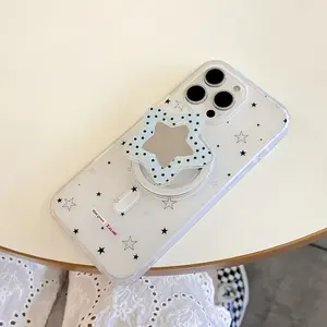 Stylish Blue Star Mirror Phone Stand, Cute Polka Dot Magnetic Holder, Portable Phone Holder, Lazy Person Essential, Fashion Design Friend Gift, Practical Phone Accessory, Magnetic Smartphone Holder