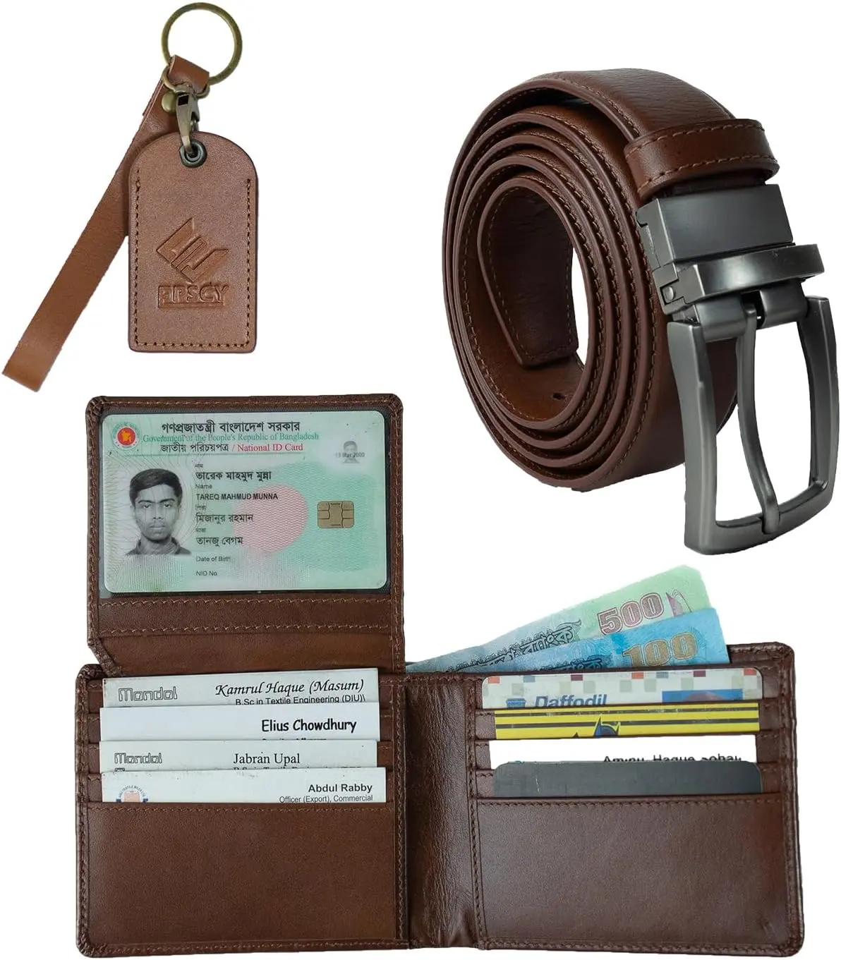 EPSCY Bifold Wallet Set for Men - Leather Stylish Wallet Combo – Cardholder Wallet with Belt, Keychain and a Black Gift Box (Photo Id Card Pocket, Dark Brown)