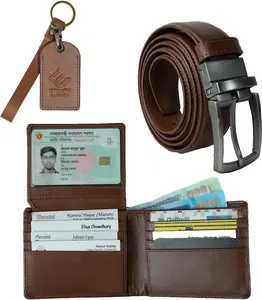 EPSCY Bifold Wallet Set for Men - Leather Stylish Wallet Combo – Cardholder Wallet with Belt, Keychain and a Black Gift Box (Photo Id Card Pocket, Dark Brown)