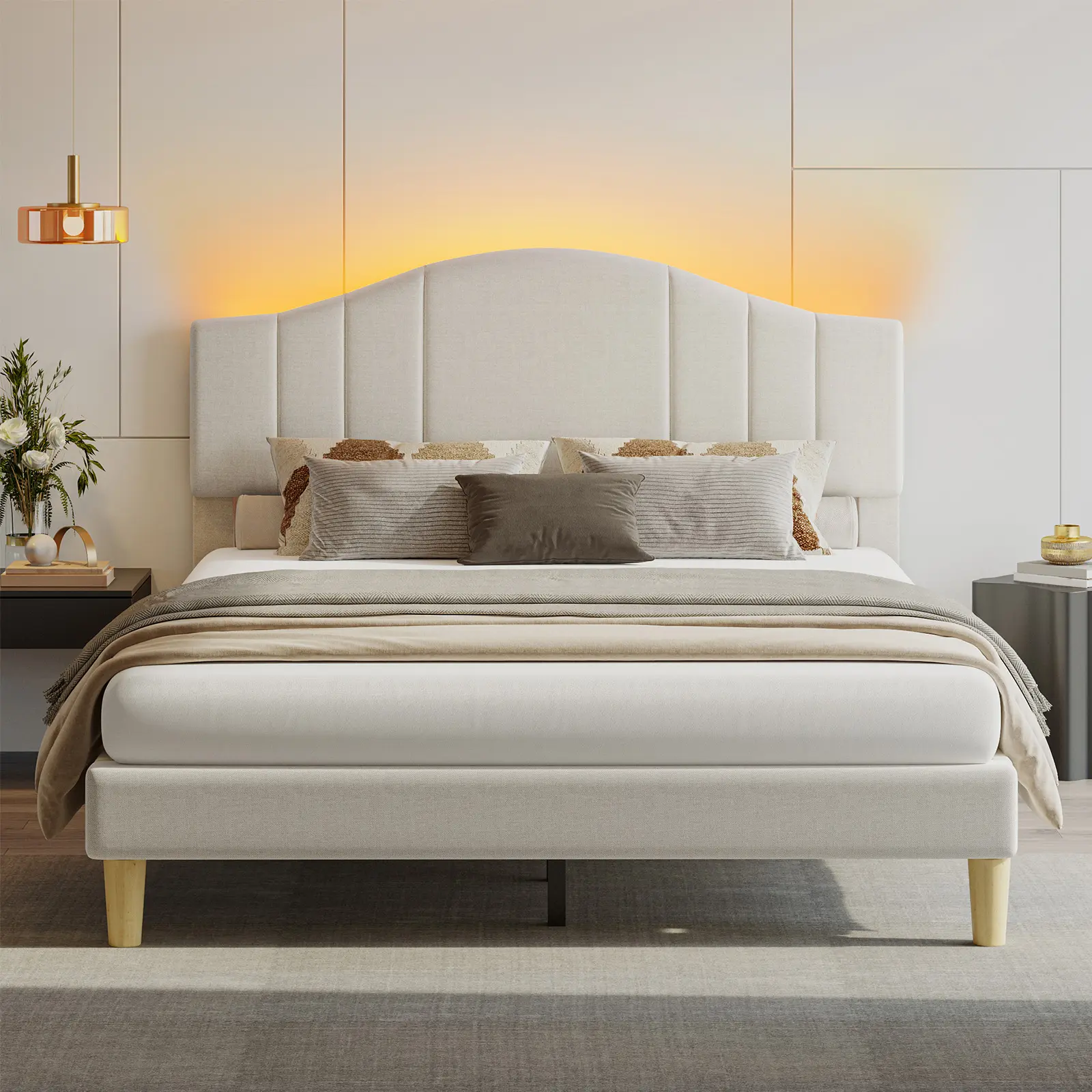 Pinmoco Velvet Upholstered Bed Frame - Curved Arch Design with 41.1"-43.6" Adjustable Headboard, LED Lights, Modern Elegant Silent Durable Noise-Free Platform, Quick Assembly Required, No Box Spring Needed