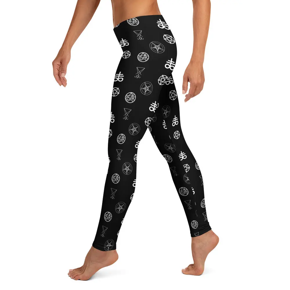 Occult Symbol Gothic Leggings – Demonology Witchcraft Alt Pants Stretchy Gift