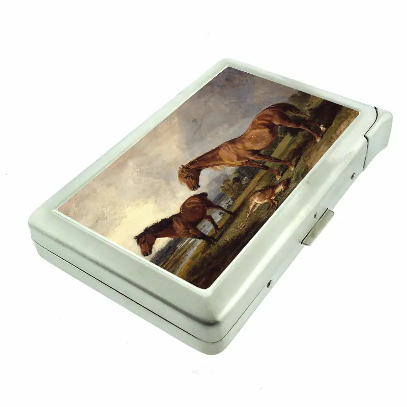 Horses Grazing 100's Sized Metal Case with Built in Lighter Wallet