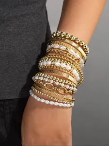 Boho Geometric Heart Letter Pattern Stackable Bracelets Set, Multi-Layer Faux Pearl Chain Design, Women's Fashion Jewelry Accessories