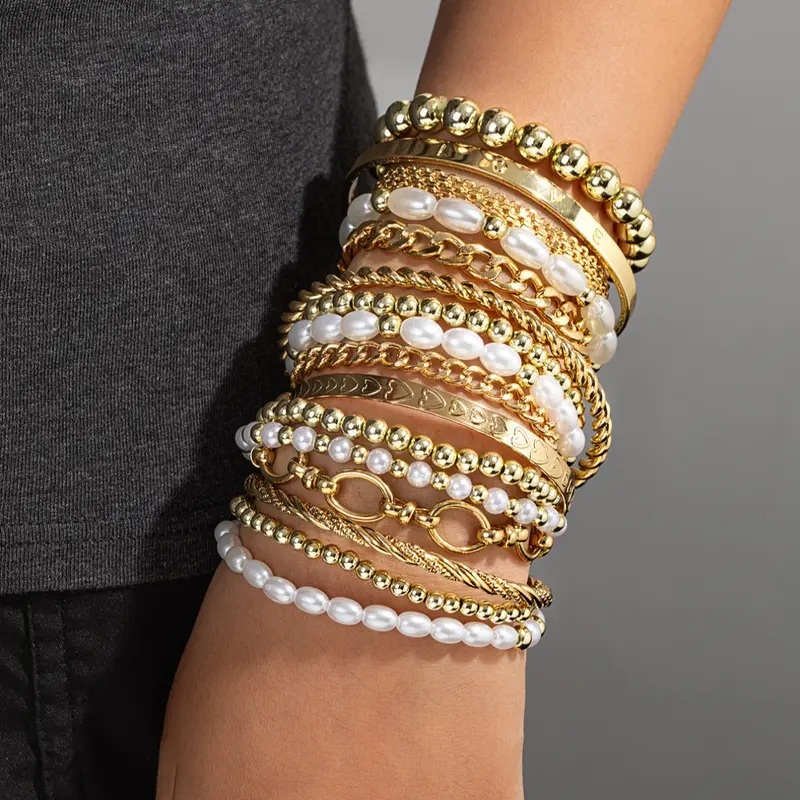 Boho Geometric Heart Letter Pattern Stackable Bracelets Set, Multi-Layer Faux Pearl Chain Design, Women's Fashion Jewelry Accessories