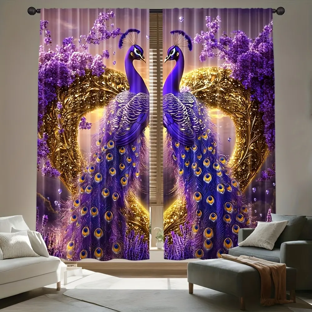 2 Vibrant Look Peacock Print Pocket Type Curtains - Elegant Polyester with Gold Accents, Heart-Shaped Design, All-Season Light Filter for Indoor Bedroom, Living Room Decor