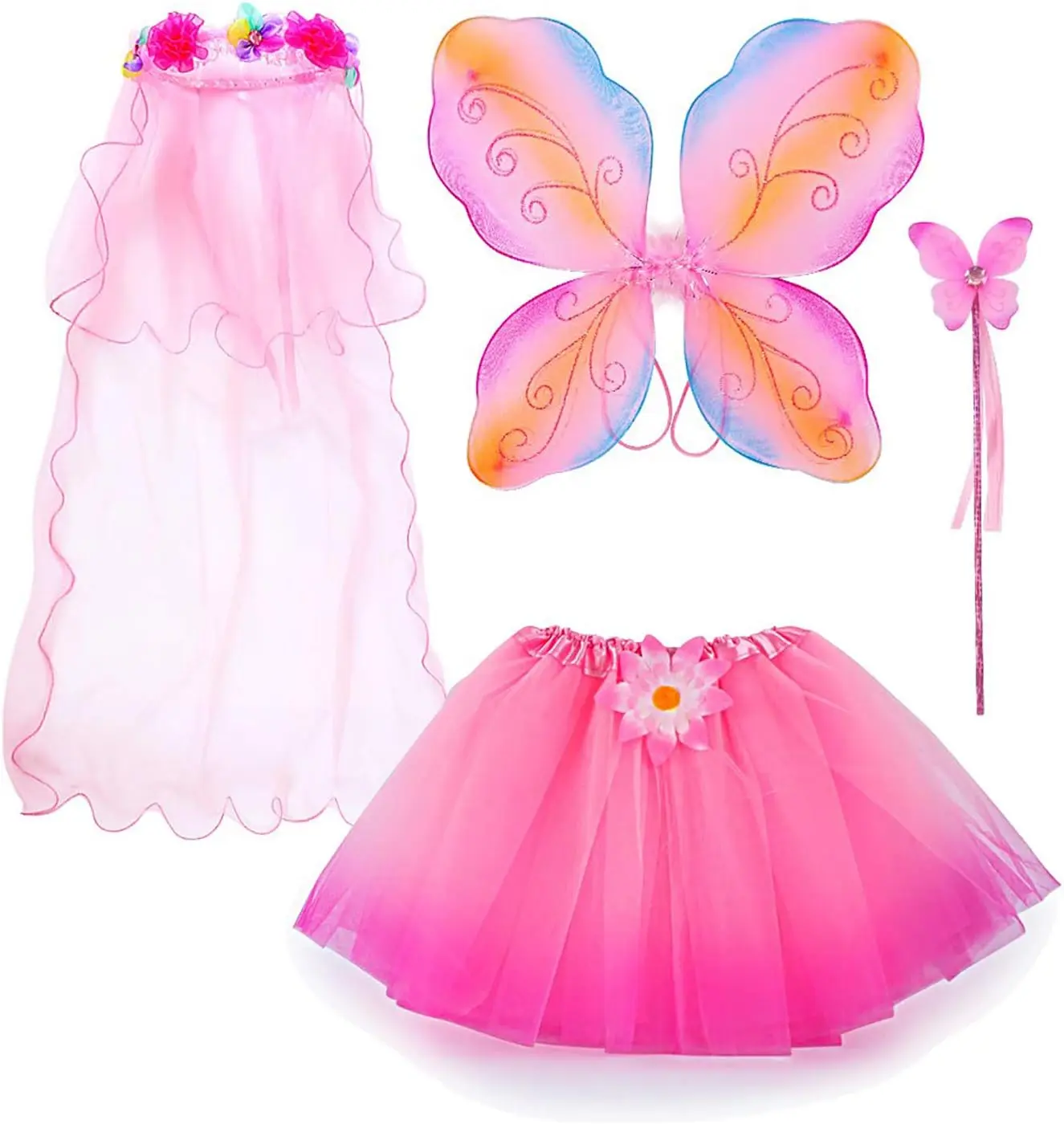 Pink Fairy Costume Set, includes wings, a tutu skirt, a magic wand, and a veil, suitable as a birthday or holiday gift for girls aged 3 and above,summervibes clothing,summerwins