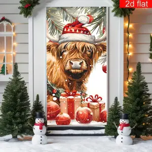 Christmas Door Banner with Highland Cow Design, Indoor Decoration for Living Room Bedroom, Washable Polyester Material, Easy Installation