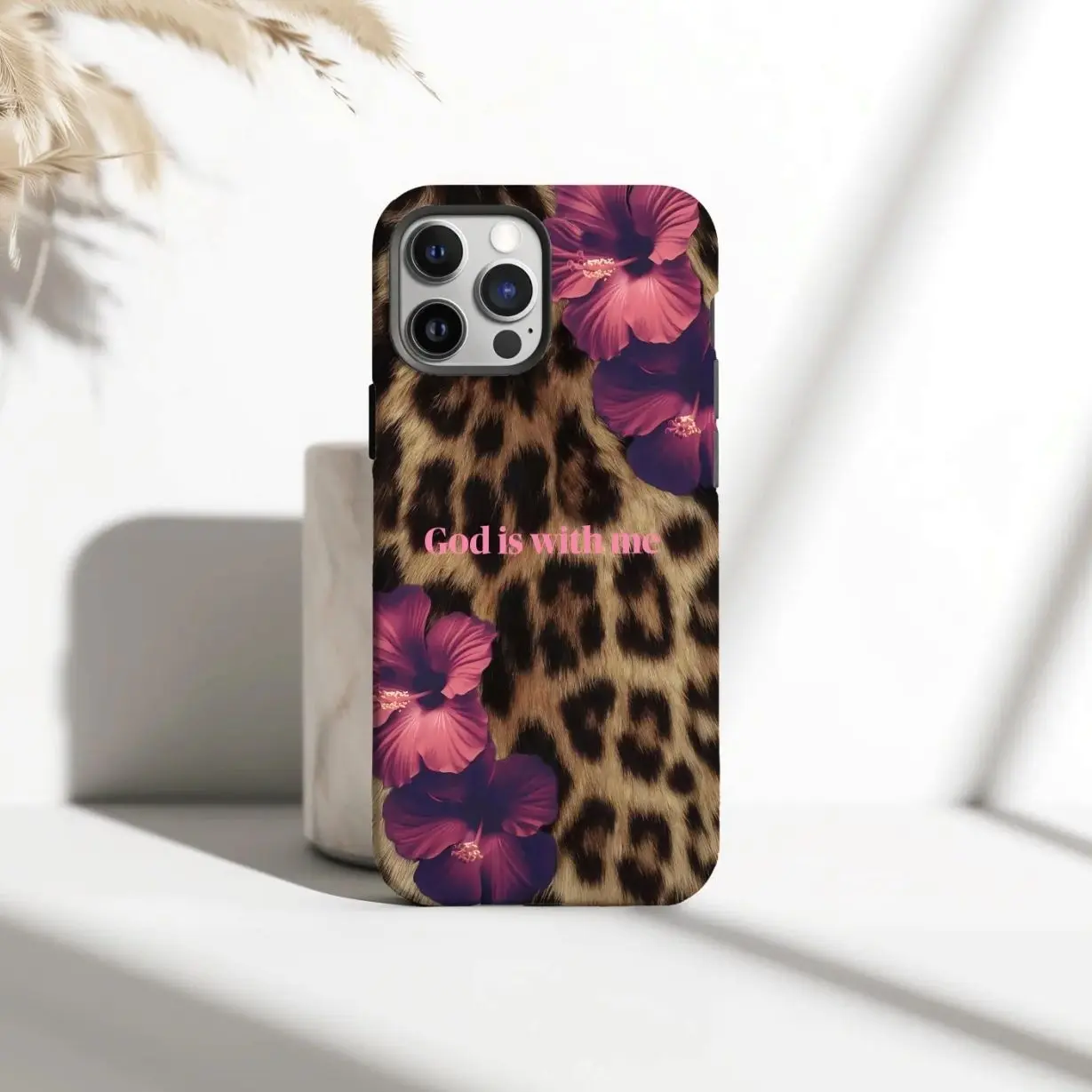 Leopard Print Phone Case: Pink Flower Art, Leopard Floral Faith Phone Case, iPhone 17 16 15 14 13 12 11 Pro Max, Samsung S25 S24 Ultra