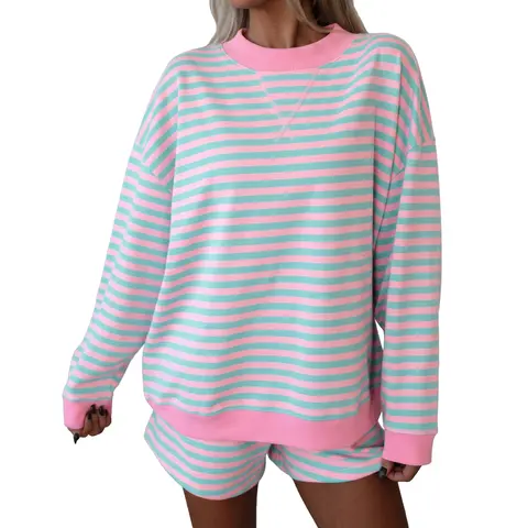 Asvivid Women's 2-Piece Striped Loungewear Set - Longsleeves Crew Neck Breathable Comfortable Loose Pullover, High Waist Soft Cotton Stretch Style Shorts With Pockets For Daily Wear