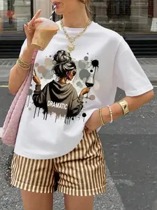 Summer New 2-Piece Set for Women, Graffiti Love Simple Print T-Shirt and Striped Shorts, Casual Loose-Fitting Above Knee Style Outfit, Womenswear