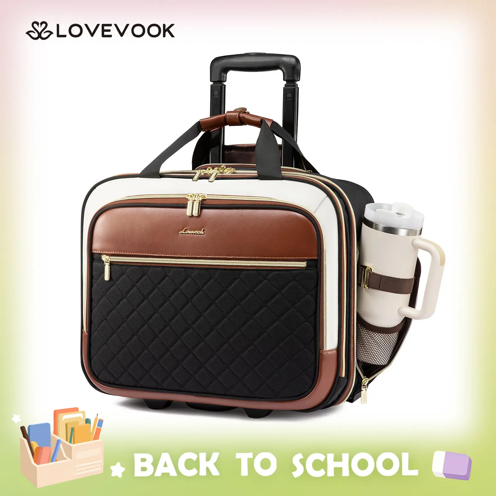 LOVEVOOK Rolling Laptop Bag Women, 17.3 Inch Laptop Briefcase with Wheels, Soft Sided Underseat Carry On Luggage Personal Item Suitcase for Work Travel Business, Black Brown