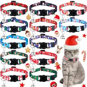 12 PCS Christmas Cat Collar Thanksgiving Breakaway Cat Collars with Bell Adjustable Pet Collar with Gingerbread Man Snowman Santa Claus Elk Xmas Tree Pumpkin Patterns for Cat Festival Party(Santa)