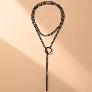 Black Stainless Steel Lariat Y-Necklace, Punk Gothic Adjustable Slip Chain Choker with Bar Pendant, Long Wrap Necklace for Women