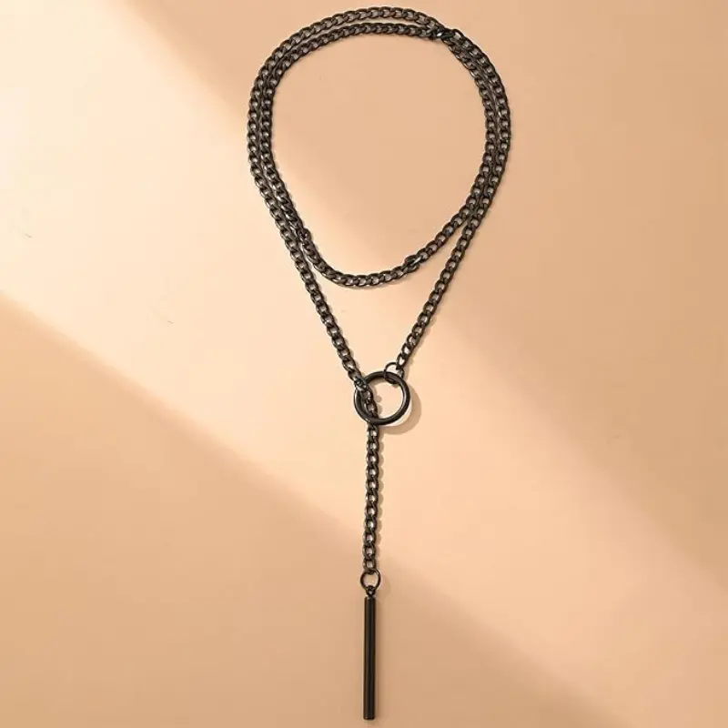 Women's Black Stainless Steel Lariat Y-Necklace - Punk Gothic Adjustable Slip Chain Choker with Bar Pendant, Cuban Necklace, Edgy Style, Casual Trendy Long Wrap Chain Daily Wear Costume Jewelry, Edgy Necklaces,summerwins,summeroutfits,vacationoutfits,beac