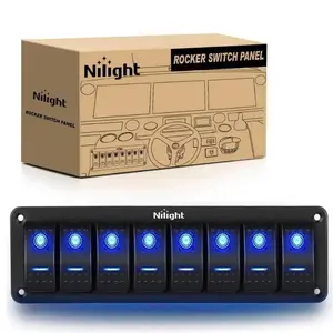 Nilight 8-Gang 5-Pin Blue ON/OFF Rocker Switch Panel with Aluminum Housing Switchboard, Dimmerswitch for Vehicle Use, Compatible with LED Lights, Includes DIY Stickers