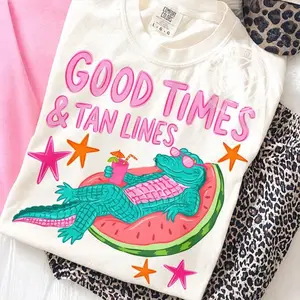 Comfort Colors Good Times & Tan Lines T Shirt, Funny Alligator Beach Summer TShirt Graphic Tee, Girly Vacation Gift