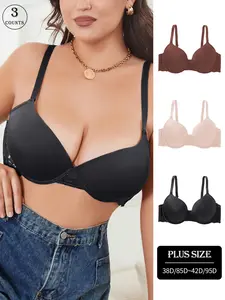 1 or 3-Piece Plus Size Plunge Push-Up Bra Set – Adjustable Thin Straps, Multi-Hook Back Closure & Lace Detail – Black/Apricot/Taupe (Sizes 38D~42D) – Skin-Friendly Comfortable Fabric, Elegant Daily Lingerie for Women, Perfect for Dates, Lounging & Work