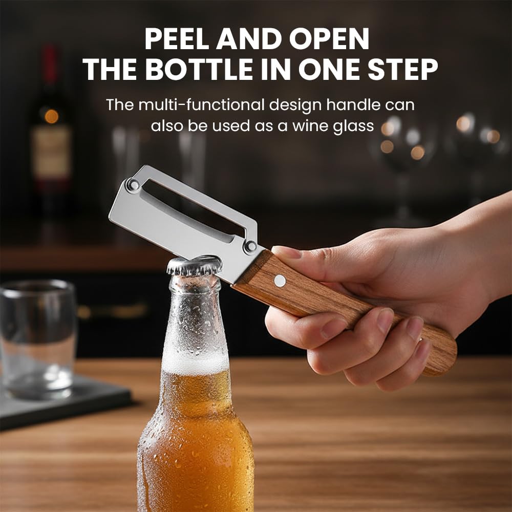 2 Pack 2 in 1 Multi Functional Vegetable Peeler with Bottle Opener and Wooden Handle Stainless Steel Blade Kitchen Tool for Sugar Cane Potato Fruit Pineapple Pumpkin Papaya Carrot Veggie Peeler