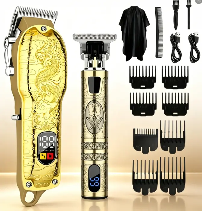 LQT 2-in-1 Vintage Dragon Engraved Gold Barber Hair Clipper Set - Cordless Kit with Dual LCD Display, 0-Gap T-Blade Detail Trimmer, Hair Cape, Guide Combs for Salon & Home Grooming