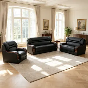 Black Genuine Cow Leather 3-Piece Indoor Living Room Sofa Set - Sturdy Stable Reinforced Solid Frame, Cushion Back High-Density Plush Cushions, Comfy Couch for Family Leisure & Guest Gatherings, Assembly Required