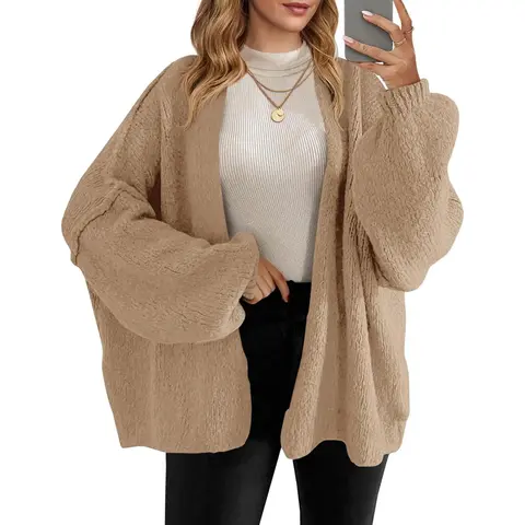 Saodimallsu Women's Oversized Open-Front Chunky Knit Cardigan Sweater, Long Lantern Sleeves, Soft Fall Acrylic-Elastane-Polyester Blend, Plain, Below Hip, XL, Cold-Weather Knitwear Basics Top