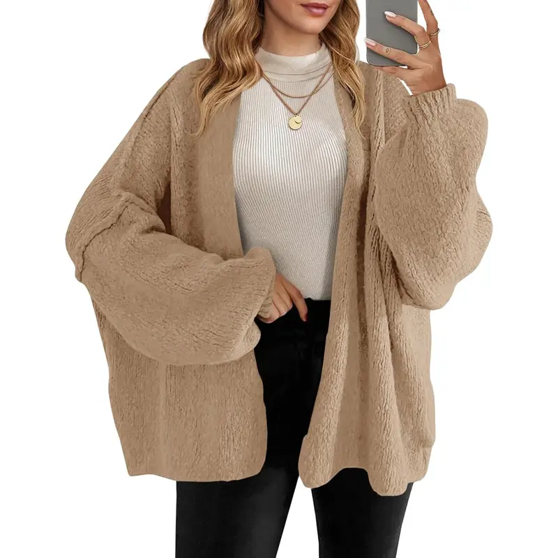 Saodimallsu Women's Oversized Open-Front Chunky Knit Cardigan Sweater, Long Lantern Sleeves, Soft Fall Acrylic-Elastane-Polyester Blend, Plain, Below Hip, XL, Cold-Weather Knitwear Basics Top