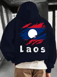 Men's Casual Hooded Sweatshirt with Kangaroo Pocket, Fall & Winter Loose Fit Geometric Pattern, Trendy Laos Flag Print Design