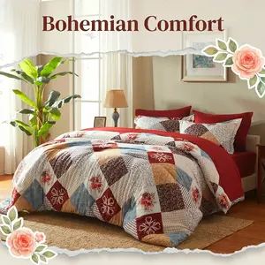 7pcs Home Cooling Quilt Set (1 Comforter + 1 Flat Sheet + 1 Fitted Sheet With 15" Deep Pocket + 2 Pillowcases + 2 Pillow Covers), Padding 1800Gsm Quilting Soft Digital Printing Bedroom Dormitory At Home - Mother'S Day Gifts For Family &