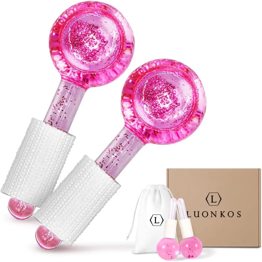 LUONKOS Ice Globes for Face and Eyes - Set of 2 Pink Glass Cryo Sticks | Facial Massage Tool & Lymphatic Drainage Roller - Facials Cold Therapy for Puffiness, Fine Lines & Dark Circles Hana Emi