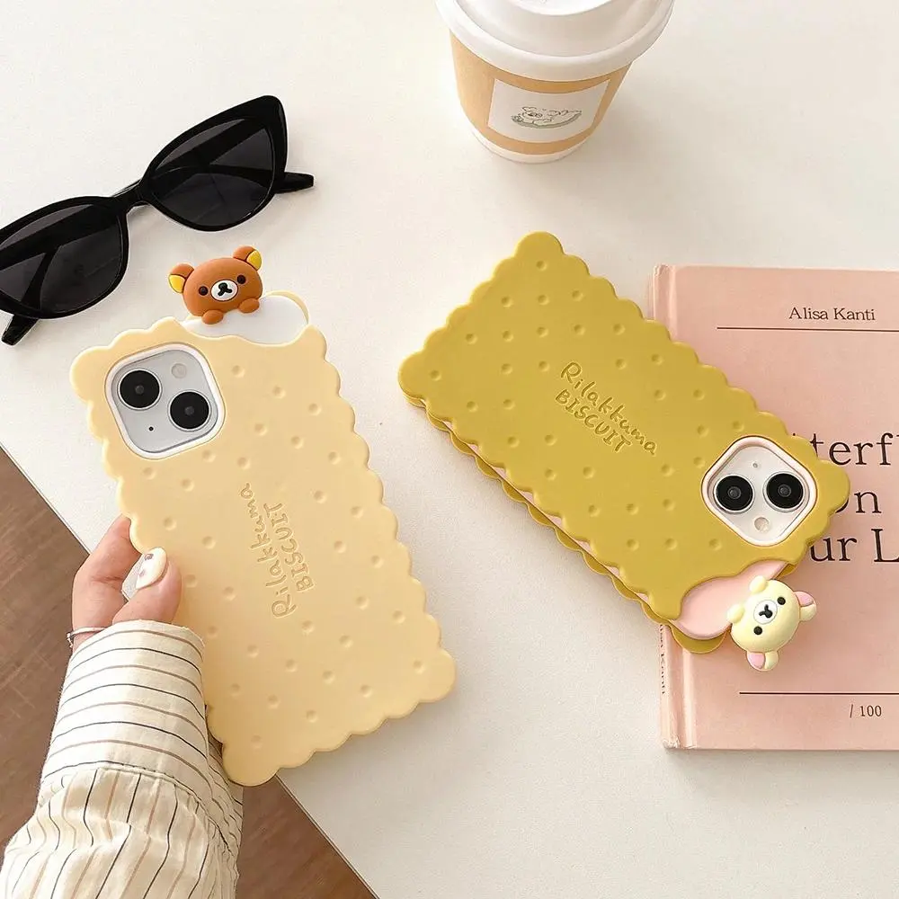 For iPhone 16 15 14 13 12 11 Pro Max Funny Rilakkuma Bear Sandwich Biscuit Case Soft Silicone Cover designer
