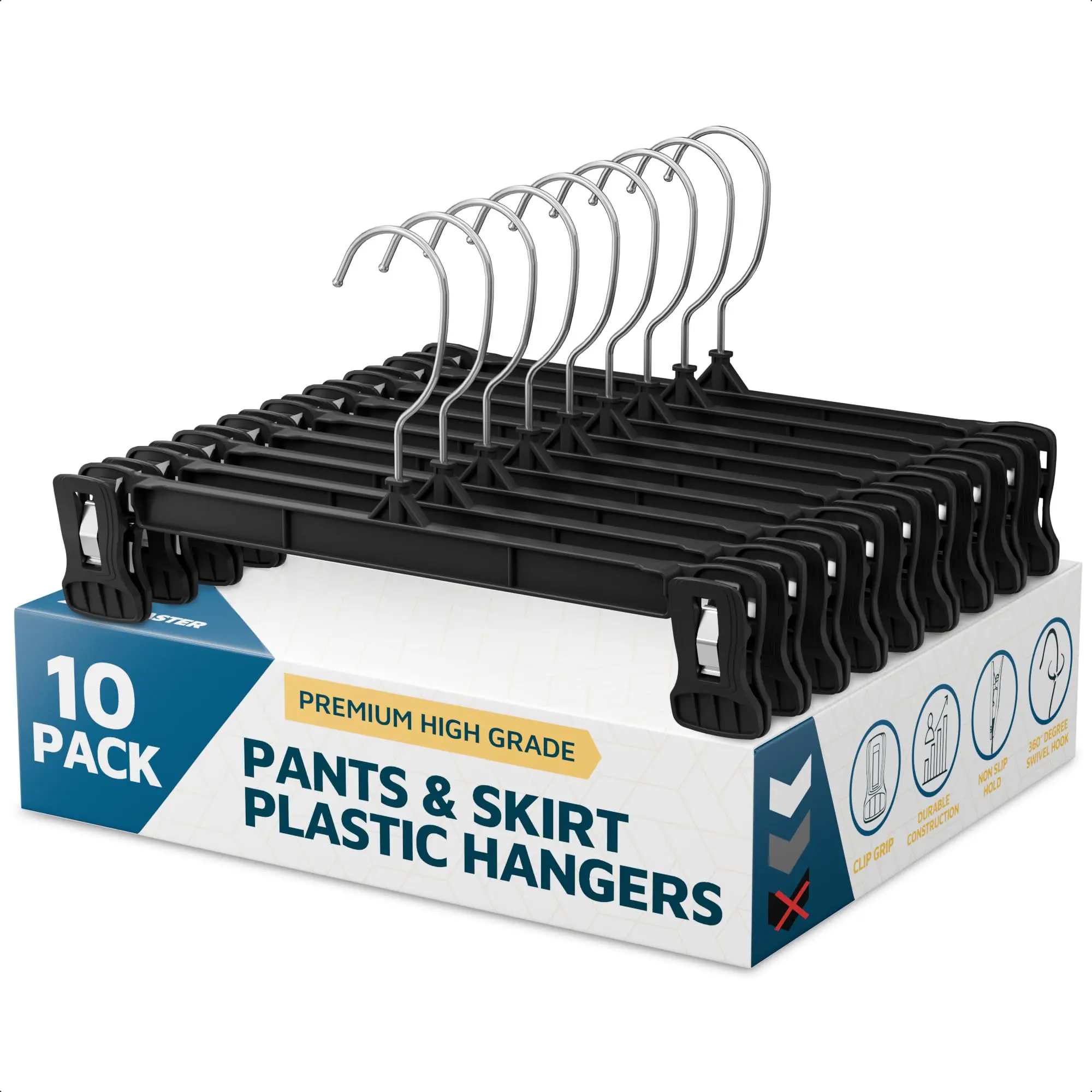Lifemaster Pants Hangers with Clips Pack of 10, 12-Inch Heavy-Duty Clothes Hangers with Non-Slip Ridged Grip Clips & 360° Swivel Hook, Space-Saving Closet Organizer for Pants, Skirts & Shorts