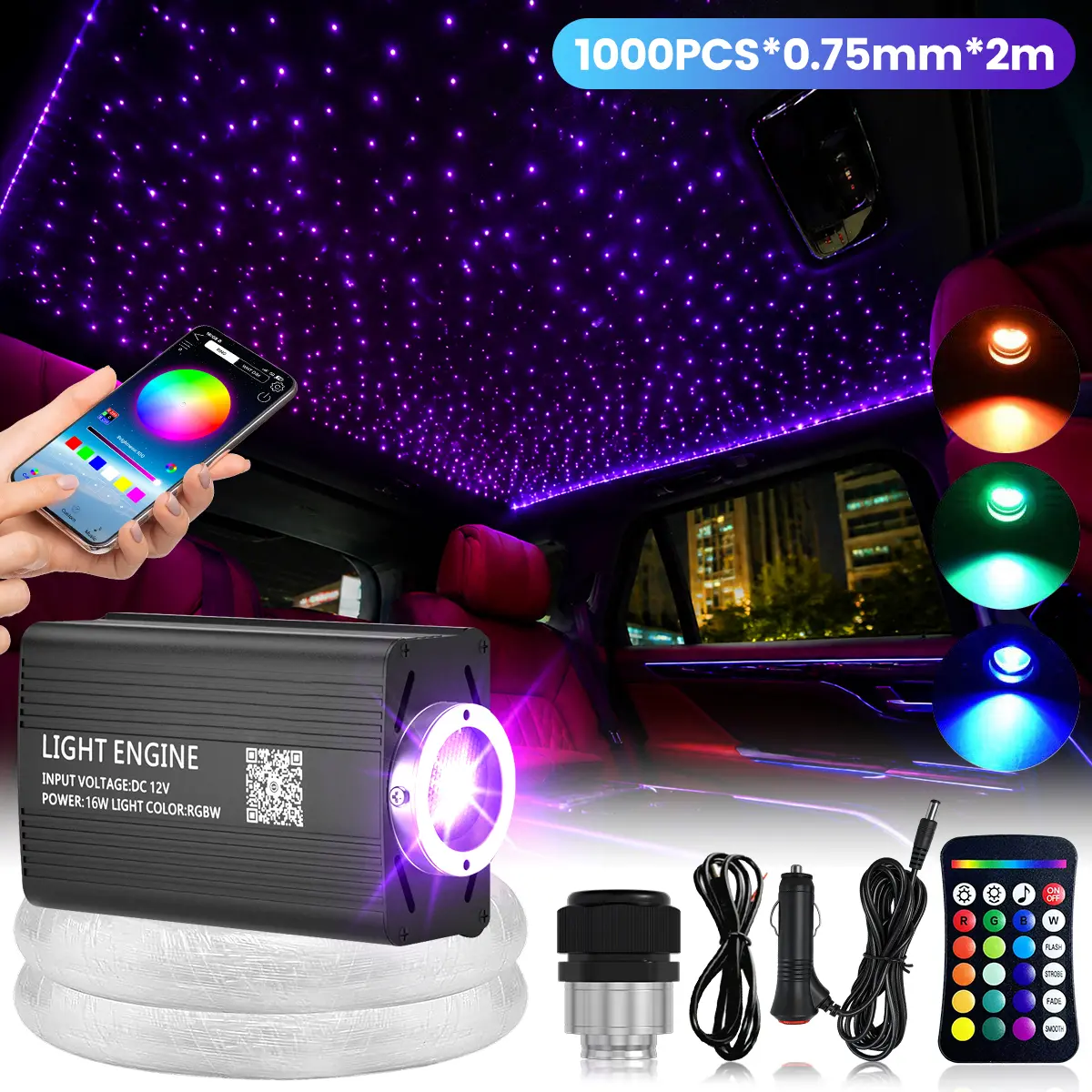 RGBW Fiber Optic Starlight Car Interior Light - 12V Bluetooth APP & 24-Key RF Remote Control Roof Star Ceiling Lamp, 1000 Pcs 0.5mm×2M Optical Fibers, Sound-Activated Atmosphere Decor for Car Interior