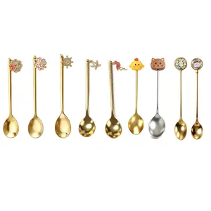 9Pcs Multi-style Coffee Spoon Stainless Steel Gold Plated Mini Dessert Spoons, Creative Charms & Animal Head Teaspoons for Coffee, Tea, Ice Cream, Home & Café Use