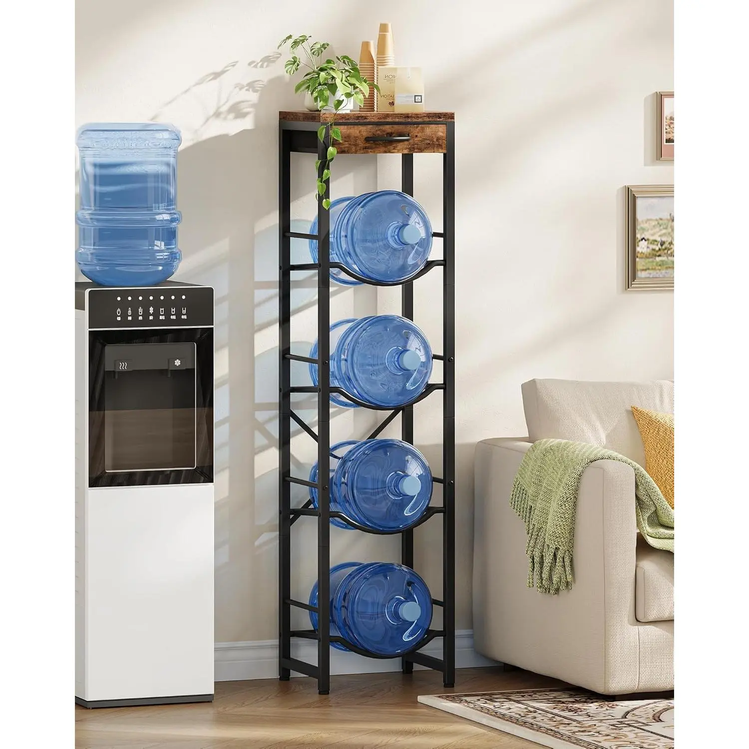 5-Gallon Water Jug Holder, Water Bottle Holder, 4-Tier Kettle Storage Shelf with Drawer, Water Dispenser Replacement Parts, for Kitchen, Black and Rustic Brown TCJ34BF