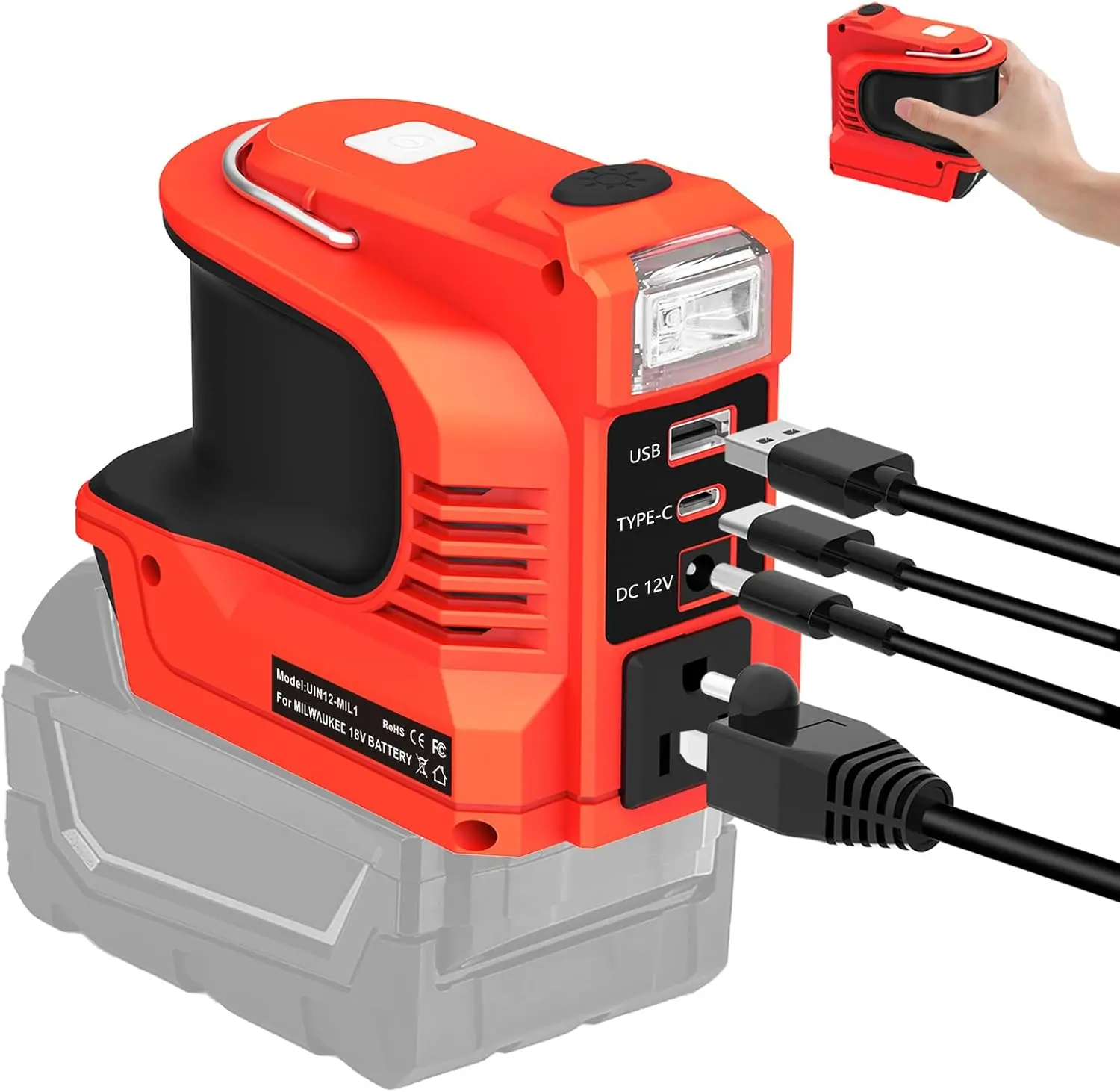 220W Power Inverter for Milwaukee 18V M18 Battery - 110-120V Output, QC3.0 USB (5v/2.1a, 5-12v max 18w), PD3.0 Type-C, 12V DC, 1 USB DC 5v/2.1a, Compact Lightweight Portable Tool Accessory for Outdoor Camping (Battery Not Included)