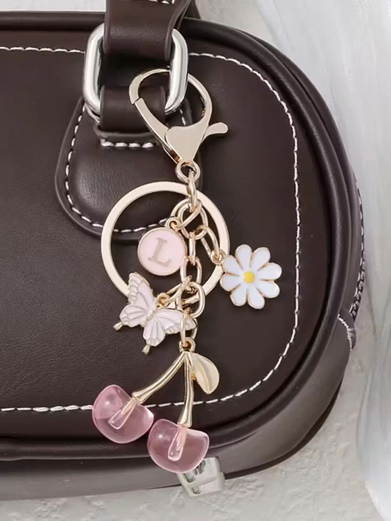 Pink-Gold Girly Cherry Butterfly Keychain, Keychain for bags, Sweet-Style Alphabet Pendant, Paired With A Letter Charm, Can Be Used As A Bag Or Key Accessory, Suitable For Daily Outings And Dates