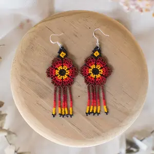 Dahlia - Native Beaded Earrings with Red Floral Design - Handmade by Mexican Artisans - Mother Sierra
