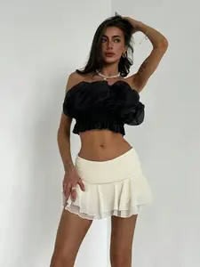 Elegant Ruffle Trim Mini Skirt Women Low Rise Layered Chiffon Skirt