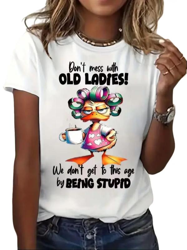 Women's Retro Cartoon Curly Hair Duck Full-Printed Tee, Short Sleeve Tops with Funny Slogan, Breathable Soft Pure Cotton Crew Neck Casual Vivid Colors Womenswear T-Shirt