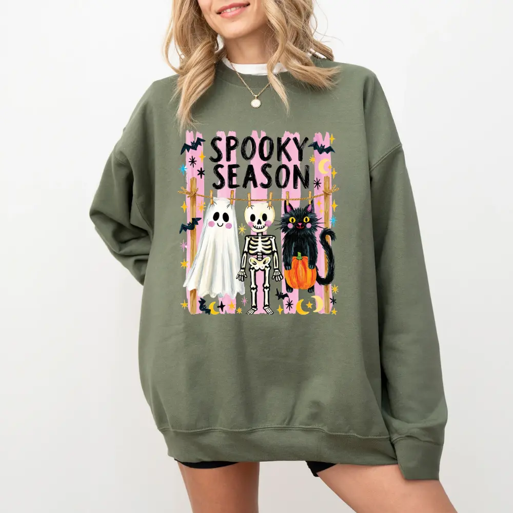 Spooky Season Sweatshirt, Ghost Skeleton and Black Cat Graphic Crewneck, Retro Fall Gift for Halloween Lovers