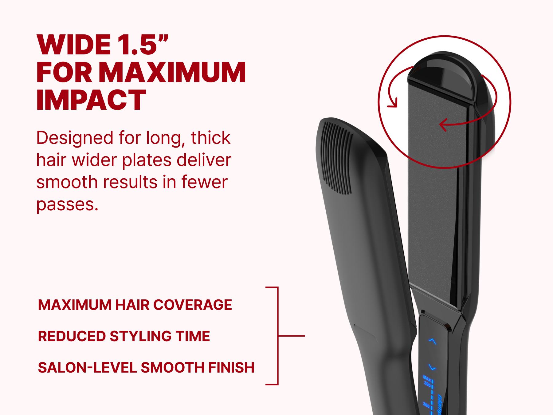 GLAMPALM GlamMuse Wide 1.5" Hair Straightener - All-Ceramic Flat Iron Infused with Vita-C, Salon Results with Less Heat Damage, Trusted by K-Pop Hair Stylists, Dual Voltage Hair Straightener, Silk Press (GP501T Pure Black)